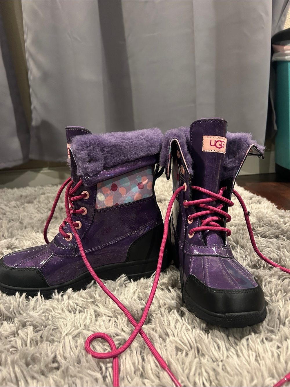 UGG Purple Kids Shearling-Trim Winter Boots with Pink Laces